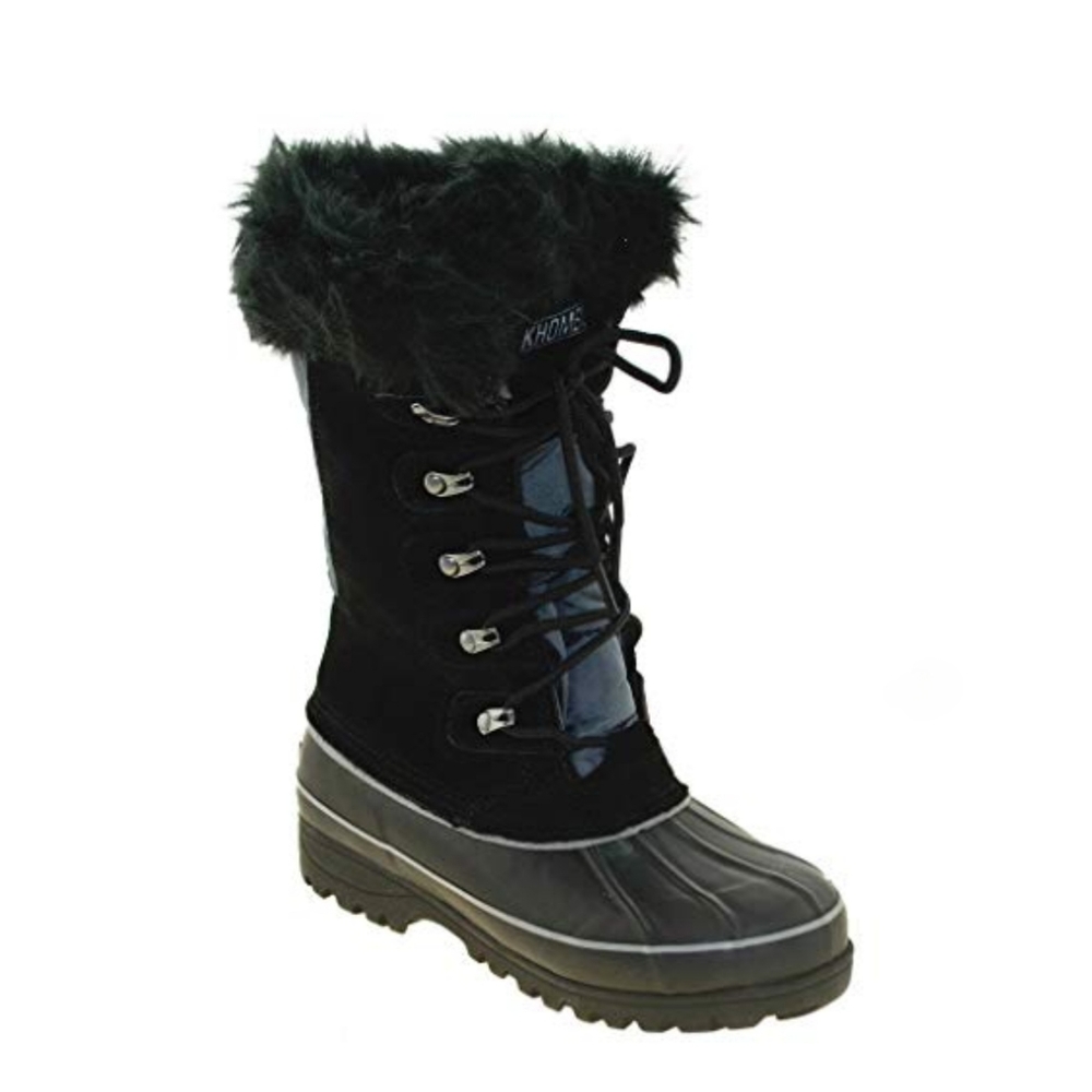 Black Leather Waterproof Womens Sz 9M Faux Fur Trim Lace Boots Khombu Nordic 2 - Picture 2 of 8